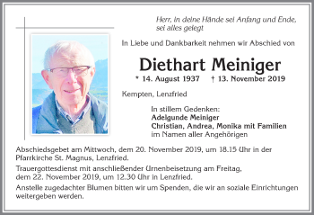 Traueranzeige von Diethart Meiniger von Allgäuer Zeitung,Kempten