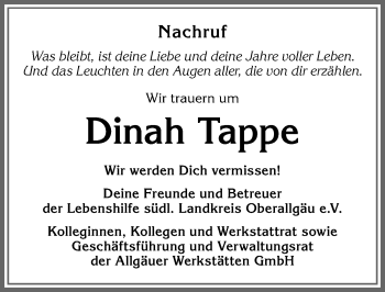 Traueranzeige von Dinah Tappe von Allgäuer Anzeigeblatt