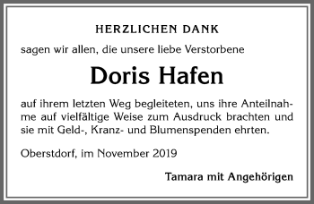 Traueranzeige von Doris Hafen von Allgäuer Anzeigeblatt