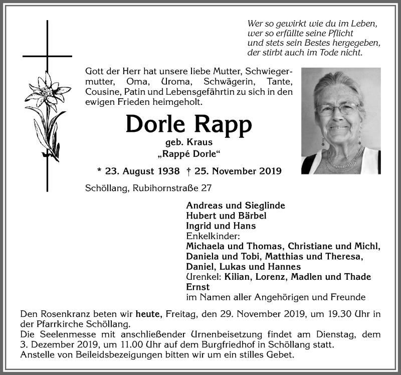  Traueranzeige für Dorle Rapp vom 29.11.2019 aus Allgäuer Anzeigeblatt