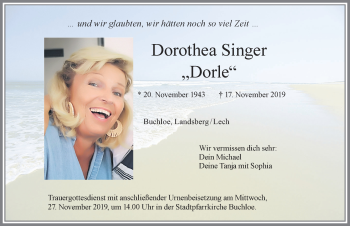 Traueranzeige von Dorothea Singer von Allgäuer Zeitung, Kaufbeuren/Buchloe