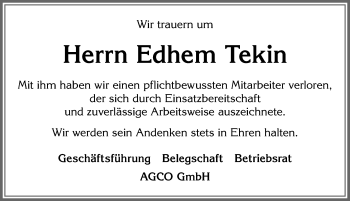 Traueranzeige von Edhem Tekin von Allgäuer Zeitung, Marktoberdorf