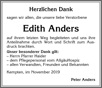 Traueranzeige von Edith Anders von Allgäuer Zeitung,Kempten