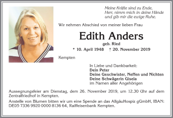 Traueranzeige von Edith Anders von Allgäuer Zeitung,Kempten