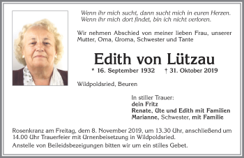 Traueranzeige von Edith von Lützau von Allgäuer Zeitung,Kempten
