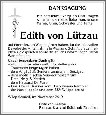 Traueranzeige von Edith von Lützau von Allgäuer Zeitung,Kempten