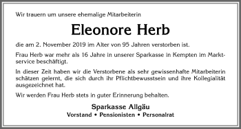 Traueranzeige von Eleonore Herb von Allgäuer Zeitung,Kempten
