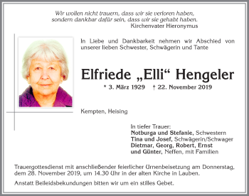 Traueranzeige von Elfriede Hengeler von Allgäuer Zeitung,Kempten