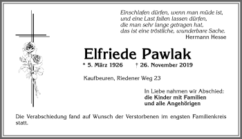 Traueranzeige von Elfriede Pawlak von Allgäuer Zeitung, Kaufbeuren/Buchloe