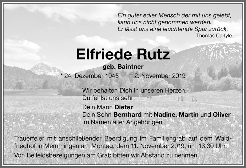  Traueranzeige für Elfriede Rutz vom 07.11.2019 aus Memminger Zeitung