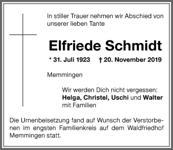 Traueranzeige von Elfriede Schmidt von Memminger Zeitung