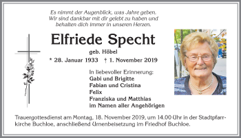 Traueranzeige von Elfriede Specht von Allgäuer Zeitung, Kaufbeuren/Buchloe