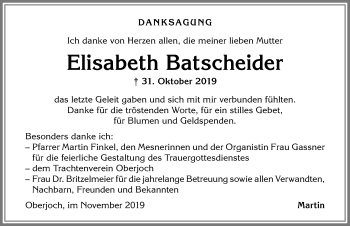 Traueranzeige von Elisabeth Batscheider von Allgäuer Anzeigeblatt