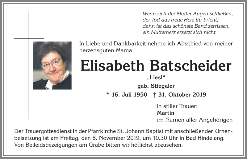  Traueranzeige für Elisabeth Batscheider vom 06.11.2019 aus Allgäuer Anzeigeblatt