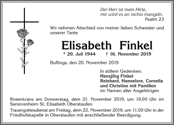 Traueranzeige von Elisabeth Finkel von Allgäuer Anzeigeblatt