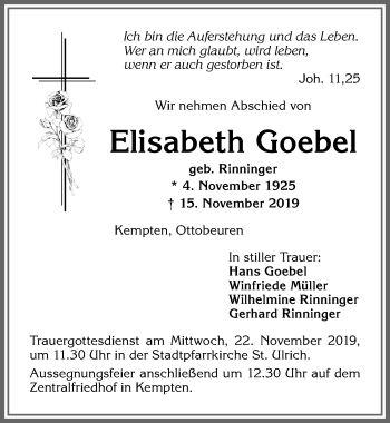 Traueranzeige von Elisabeth Goebel von Allgäuer Zeitung,Kempten