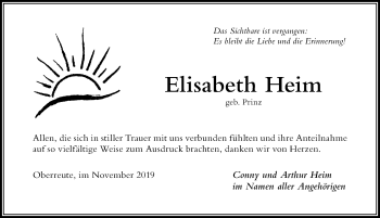 Traueranzeige von Elisabeth Heim von Der Westallgäuer