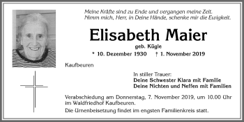 Traueranzeige von Elisabeth Maier von Allgäuer Zeitung, Kaufbeuren/Buchloe