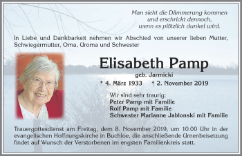 Traueranzeige von Elisabeth Pamp von Allgäuer Zeitung, Kaufbeuren/Buchloe
