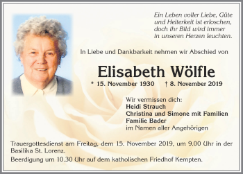 Traueranzeige von Elisabeth Wölfle von Allgäuer Zeitung,Kempten