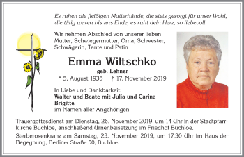 Traueranzeige von Emma Wiltschko von Allgäuer Zeitung, Kaufbeuren/Buchloe