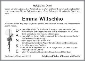 Traueranzeige von Emma Wiltschko von Allgäuer Zeitung, Kaufbeuren/Buchloe