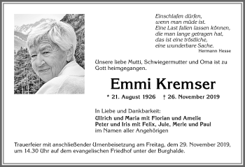 Traueranzeige von Emmi Kremser von Allgäuer Zeitung,Kempten