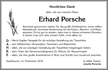 Traueranzeige von Erhard Porsche von Allgäuer Zeitung, Kaufbeuren/Buchloe