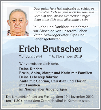 Traueranzeige von Erich Brutscher von Allgäuer Zeitung,Kempten