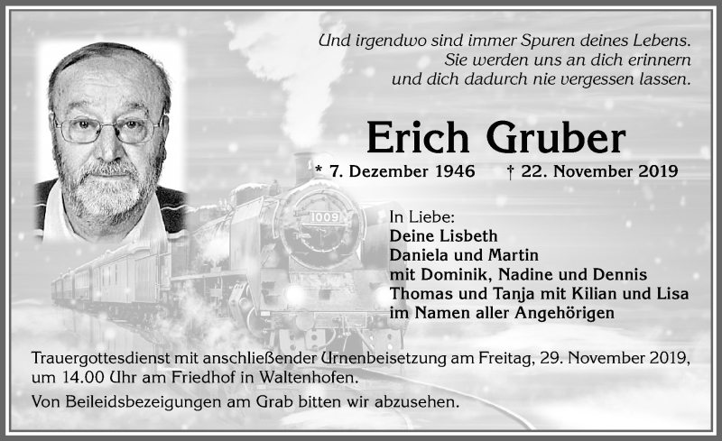  Traueranzeige für Erich Gruber vom 27.11.2019 aus Allgäuer Zeitung,Kempten
