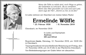 Traueranzeige von Ermelinde Wölfle von Allgäuer Zeitung, Marktoberdorf