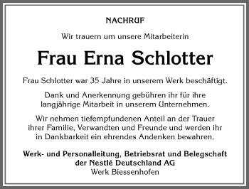 Traueranzeige von Erna Schlotter von Allgäuer Zeitung