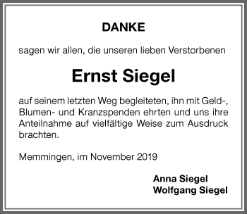 Traueranzeige von Ernst Siegel von Memminger Zeitung