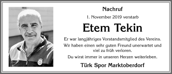 Traueranzeige von Etem Tekin von Allgäuer Zeitung, Marktoberdorf