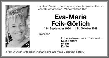 Traueranzeige von Eva-Maria Feik-Görlich von Memminger Zeitung