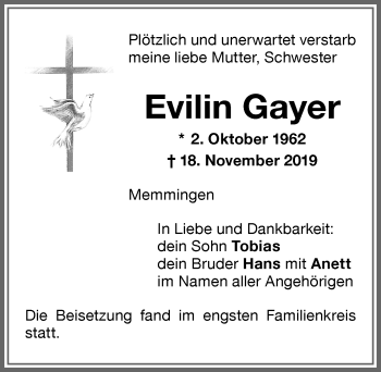 Traueranzeige von Evilin Gayer von Memminger Zeitung