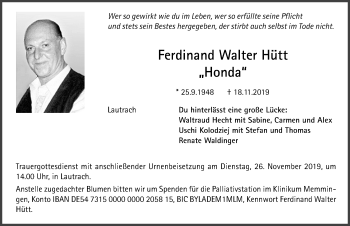 Traueranzeige von Ferdinand Walter Hütt von Memminger Zeitung