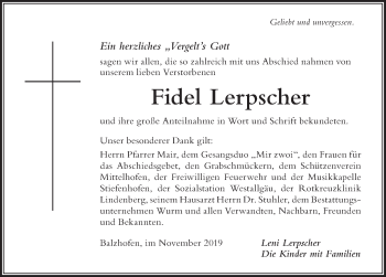 Traueranzeige von Fidel Lerpscher von Der Westallgäuer