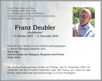 Traueranzeige von Franz Deubler von Allgäuer Anzeigeblatt