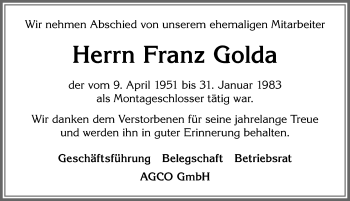 Traueranzeige von Franz Golda von Allgäuer Zeitung, Marktoberdorf