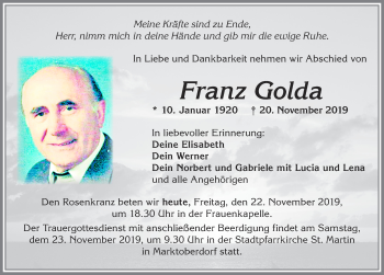 Traueranzeige von Franz Golda von Allgäuer Zeitung, Marktoberdorf