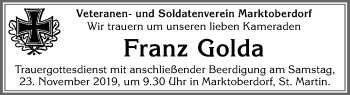 Traueranzeige von Franz Golda von Allgäuer Zeitung, Marktoberdorf