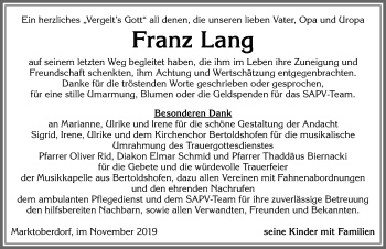 Traueranzeige von Franz Lang von Allgäuer Zeitung, Marktoberdorf