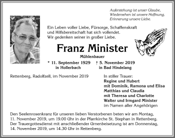 Traueranzeige von Franz Minister von Allgäuer Anzeigeblatt