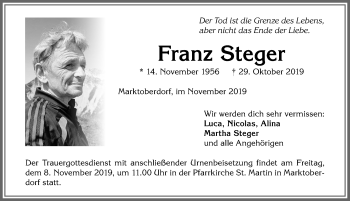 Traueranzeige von Franz Steger von Allgäuer Zeitung, Marktoberdorf