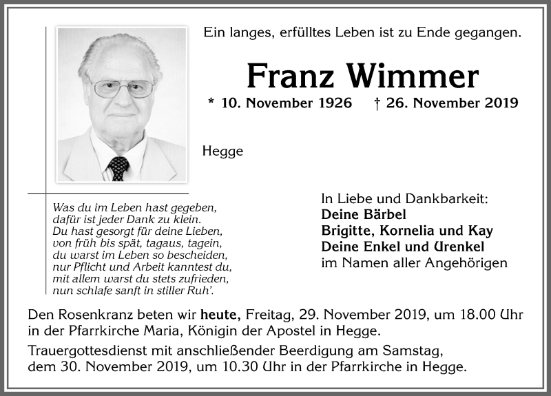  Traueranzeige für Franz Wimmer vom 29.11.2019 aus Allgäuer Zeitung,Kempten