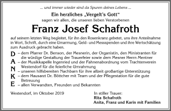 Traueranzeige von Franz Josef Schafroth von Allgäuer Zeitung, Kaufbeuren/Buchloe