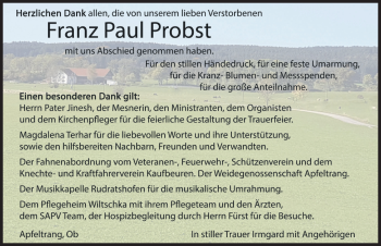 Traueranzeige von Franz Paul Probst von Allgäuer Zeitung, Kaufbeuren/Buchloe