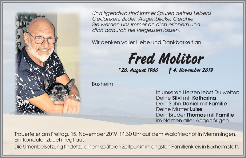  Traueranzeige für Fred Molitor vom 12.11.2019 aus Memminger Zeitung