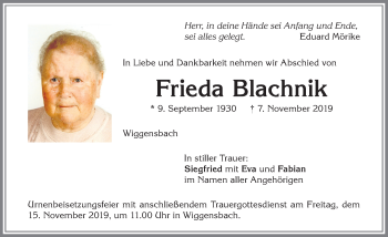 Traueranzeige von Frieda Blachnik von Allgäuer Zeitung,Kempten
